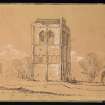 Drawing of Cambuskenneth Abbey inscribed 'Ruins of Cambuskenneth Stirling 22 April 1839'.