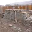 Watching brief, NW-facing section/profile of weir longtitudinally showing clay 003, oblique shot, Cullochy Combing Weir, Caledonian Canal, Highland