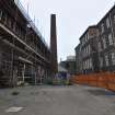 Historic building survey, E-facing elevation showing the chimney and shed, Leith Academy Primary School, Edinburgh