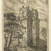 Etching of Preston Tower inscribed 'WL 1886'. 