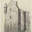 Drawing of Pitcullo Castle inscribed 'Pitcullo Tower, Fife, W Lyon'.