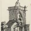 Drawing of Monimail Tower inscribed 'Old Tower at Monimail, Fife, WL 1870'.