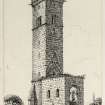 Drawing of St Rule's Tower, St Andrews inscribed 'St Regulus Chapel, St Andrews, W Lyon 1870'.