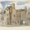 Perspective view of building inscribed in album as 'Old House in Cowgate, Edin called The French Ambassador's Chapel'.