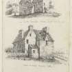 Drawing of houses next to Falside Castle inscribed 'Easter Fawside House, Edin, Oct 1869 WL, Wester Fawside House, Edin and The walls alone remained of these houses in 1869'.