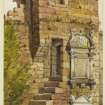 Perspective view of tower, graveyard, St Andrews Cathedral inscribed 'Tower on Cathedral Wall, St Andrews, WL 1888'.