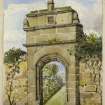 Perspective view of gateway, St Andrews inscribed 'Gate, New College, St Andrews, WL 92'.