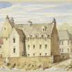 Perspective view of Elie Castle and South Street inscribed 'Elie-Fife 87, 1887 WL'.