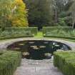 View from north showing pond in Walled Garden, Brechin Castle. 