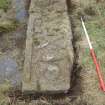 Archaeological works, Stone 7 with slot excavated around circumference prior to lifting, St Columba's Chapel, Aiginis, Isle of Lewis