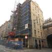 Standing building appraisal, External, South Bridge and Blair Street, W-facing elevation with scaffold, 85-87 South Bridge, Edinburgh