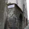 View from south showing Library signage on wall of former Warehouse, Scotland's Close, Bo'ness.