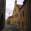 View from south-west showing Scotland's Close elevation of Warehouse (Dymock's Buildings), 45-51 North Street, Bo'ness.