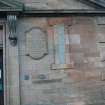 Standing building survey, Outlet house B, Detail of SE elevation showing plaque on E side, Alnwickhill Waterworks, Liberton Gardens, Edinburgh
