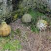 Burial ground and enclosures, Aird a' Mhorainn. Ball finials in Maclean enclosure. 