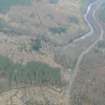 Oblique aerial view, looking S over the Black Water and A835 with Rogie Falls Car Park in the central foreground, near Garve, Easter Ross.