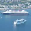 Oblique aerial view of cruise liner at East Pier, Invergordon, looking N.