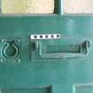 Historic building recording, Room 0/1, Detail of letterbox to the exterior side of the front door, Princess Elizabeth Nursery School, 14 Clearburn Crescent, Edinburgh