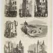 Cutting from the Illustrated London News showing various engraved views.
Insc: 'The British Associations at Dundee'.
Illustrations of: Old Houses, Fish Street; Old Steeple; Old Houses, Fish Street; Houses in Overgate; Castle of St. Andrews; Arbroath Abbey; Cathedral of St. Andrews.
