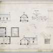 Plans, elevation, sections and details of William Simpson's farmhouse.