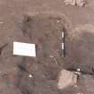 Archaeological excavation, [143]: cut for Skeleton 144 with board etc., Auldhame, East Lothian