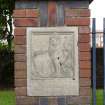 Port Seton, North Seton Park, King George V public park. West pillar and plaque at main entrance.