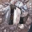 Archaeological excavation, Cist 1 with capstone and displaced bone, Holm Mains Farm, Inverness, Highland