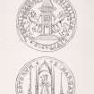 Plate 111 from P Chalmers, 'Historical and Statistical Account of Dunfermline' showing 'Double Seal of the City of Dunfermline' and 'Tabernacle Work of the Abbey Choir 1250'.
