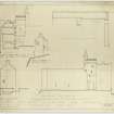 Drawing showing block plan, section, entrance elevation, W elevation, W elevation of butler's house, and detail of W entrance, Airlie Castle.