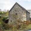 View of former carding mill water wheel area from south. 