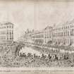 Drawing of Picardy Place with 73 York Place on left centre and St Paul's Episcopal Church in background.
Titled: 'View of the Royal Procession advancing by Picardy Place, from the Barrier where the Keys of the City were delivered by the Lord Provost to his majesty: 15th of August 1822'.