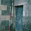 Historic building survey, Room 39, Downpipe and exterior of door D3, Upper Square, Hynish, Argyll and Bute