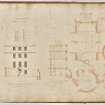 Roxburghshire, Minto House. Elevation of East end incorporating section of kitchen; section of flues; plans, section and elevation of staircase.