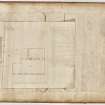 Roxburghshire, Minto House. Inside of back cover of bound volume of drawings. Includes a drawing titled: 'Minto House. Plan for altering flue from Library and for new Chimney Stalk. New Walls tinted Red.' Inscribed: '19 St Andrew Square, Edinbr. 4th April 1856.'