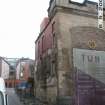 Historic building survey, Exterior, W elevation oblique, 111 Holyrood Road, Holyrood Brewery Clocktower, Edinburgh