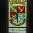Municipal buildings. First floor. Debating chamber. Detail of stained glass with Falkirk crest. 