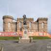 View of main entrance and Flora MacDonald statue from south