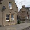 View from south-west showing corbelling and sundial at No 2 High Street, Clackmannan