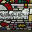 Detail W Cameron signature on west stained glass on west wall. 