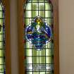 Low hall. Detail of stained glass windows fom St Davids' Church. 