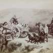 View of hunt with pack horses and dogs in carts. 
