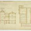 Drawing of Raehills House showing section and plan of bedroom floor timbers.