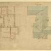 Drawing showing ground floor plan and roof plan of smith's house and workshop, Whittingehame House.