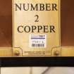 Interior. Brewhouse, 1st floor, Copper house. Detail of Number 2 Copper vessel plaque. The copper was made/renovated by Archibald McMillan & Co. Ltd of Prestonpans in 1998.