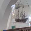 Detail of hanging ship model above entrance to Sailor's Aisle