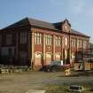 Site photograph, Station building with South elevation fire escape removed and scaffolding, Granton Gasworks, Edinburgh, Scotland