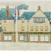 Drawing showing section and elevations of Houses and Shops Corner Block for Ex Servicemen's Club, Queensferry Road, Rosyth.