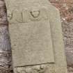 Careston Parish Church.  Detail of gravestone on south west corner.