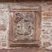 Careston Parish Church.  Detail of heraldic panel of Sir Andrew Carnegy of Careston and Balnamoon, above Laird's Loft doorway.