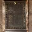 Careston Parish Church.  Nave.  Detail of war memorial on north wall. 